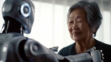 a humanoid robot gently embraces an elderly woman, showcasing the emotional bond between technology and humanity in a contemporary environment.