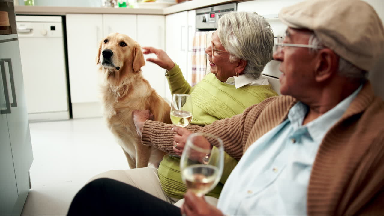 Senior couple relaxing with their dog in the kitchen