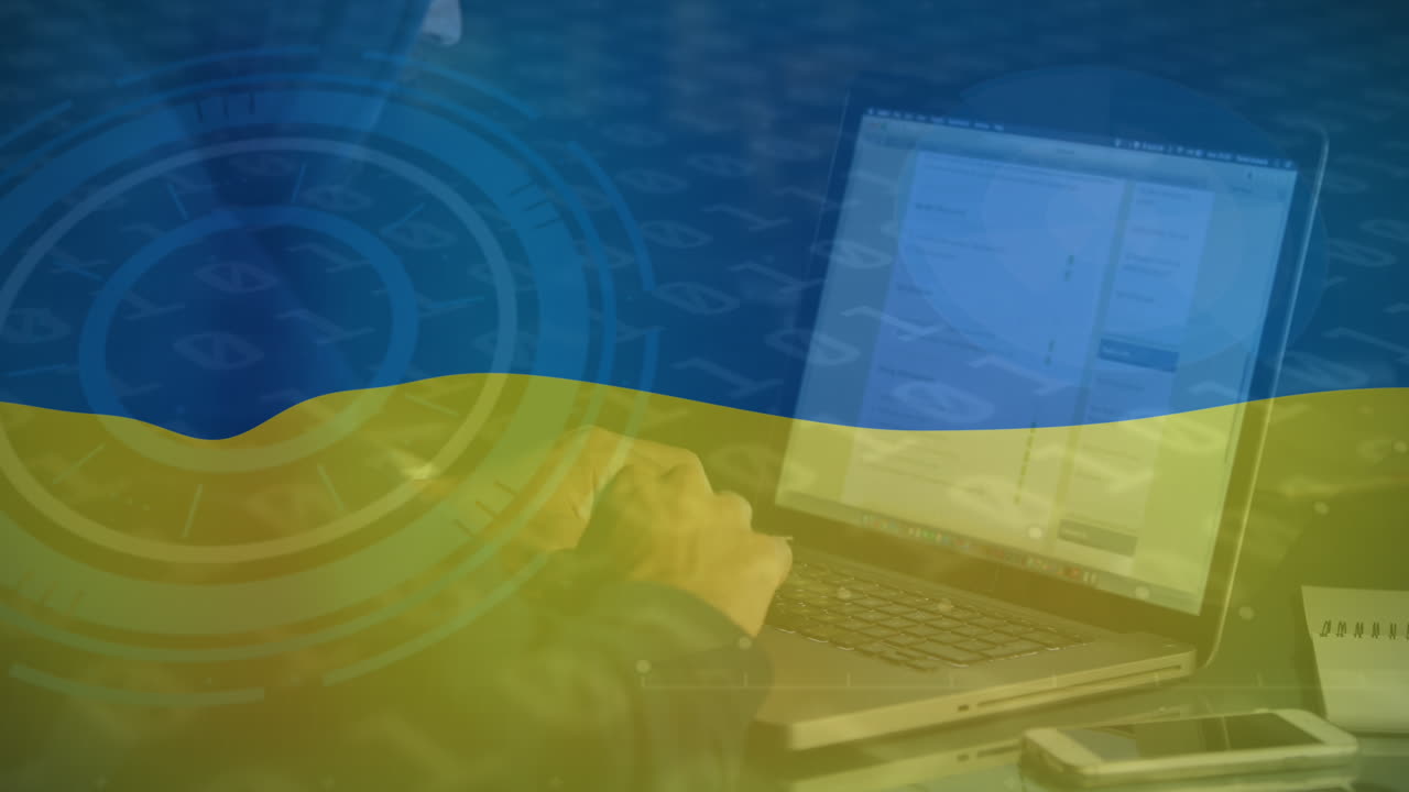 우크라이나  ⁇ 발 위에 카우카스 남성 해커의 손의 애니메이션