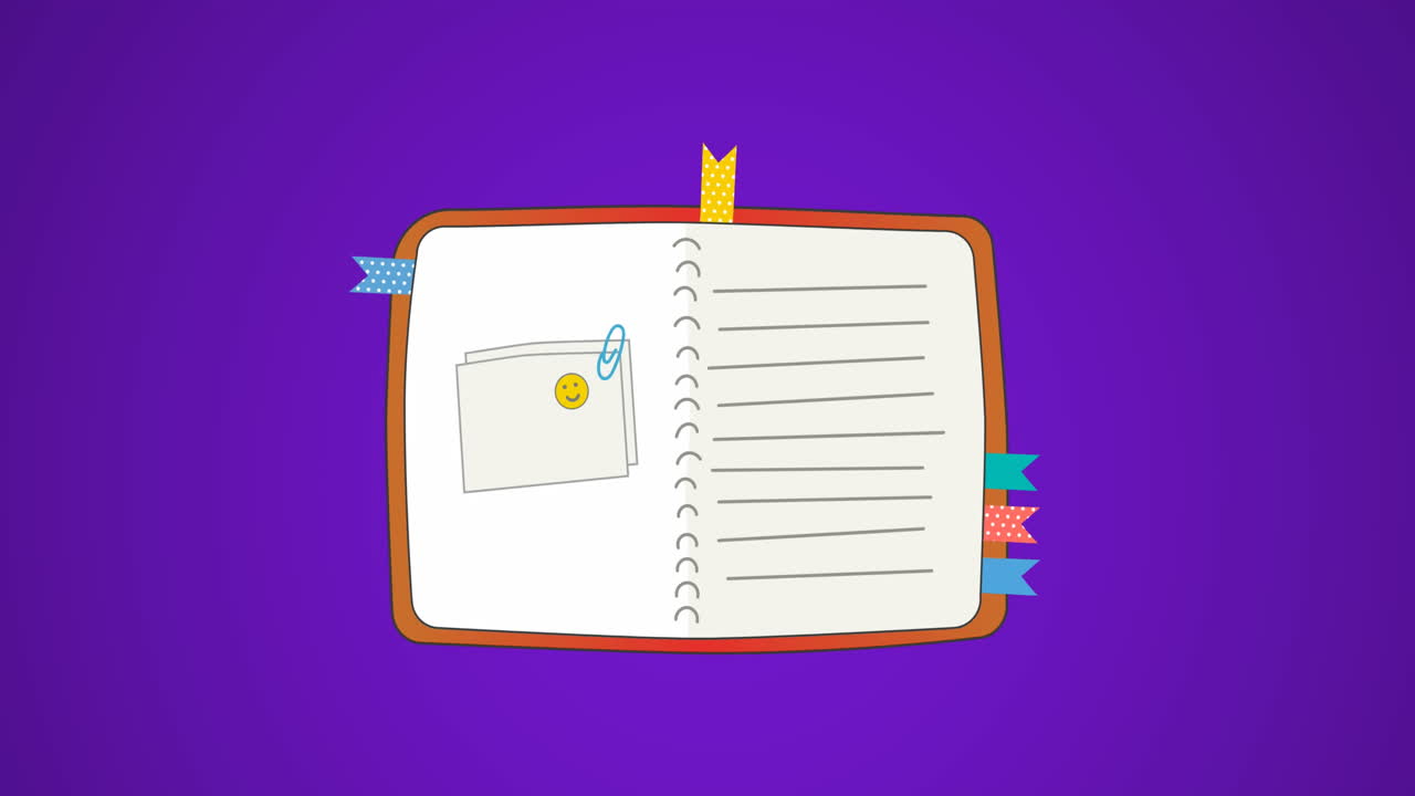 Animation of open diary icon against purple background with copy space