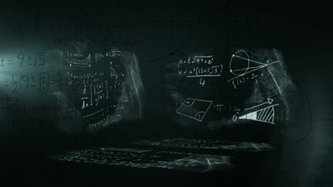 animation of light trails over mathematical equations on black background