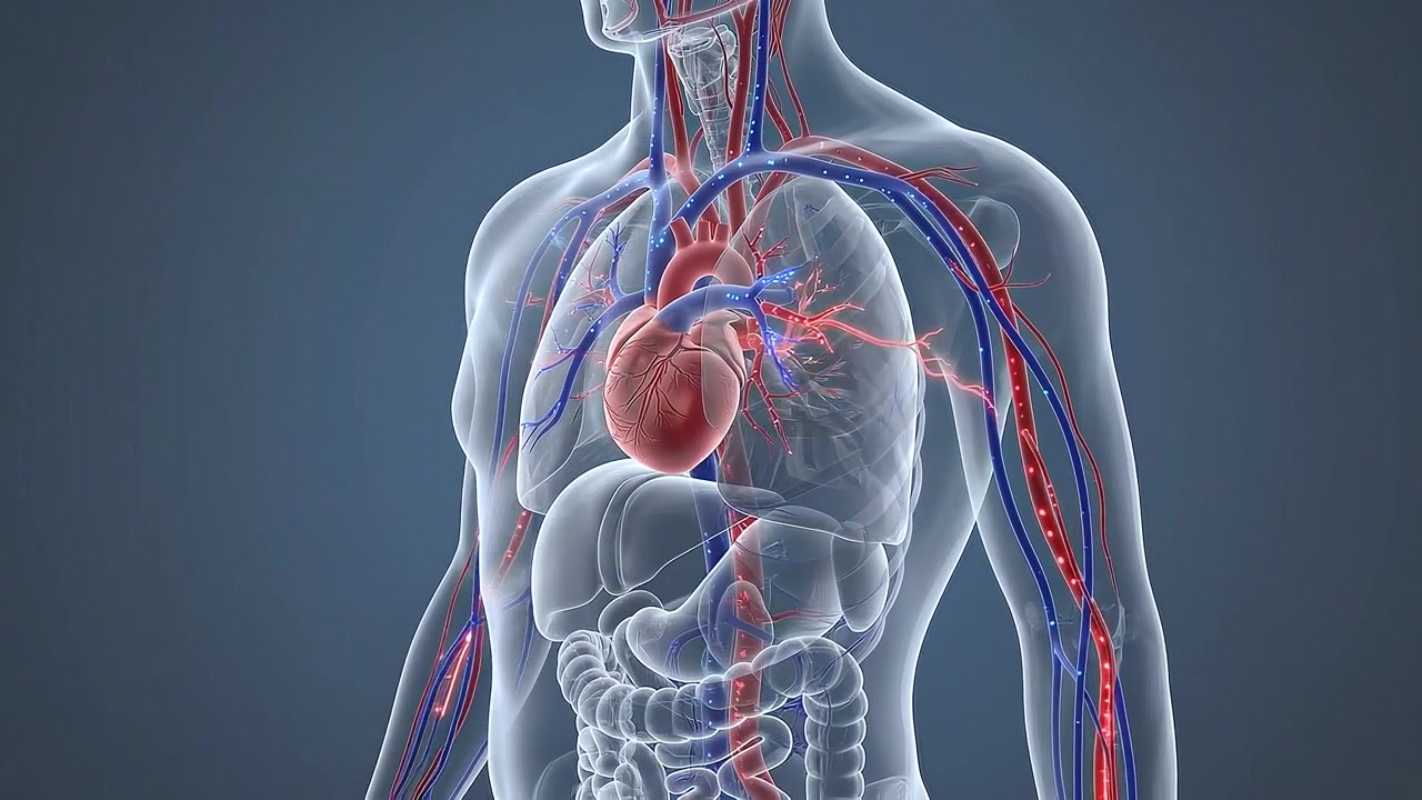 Torso trasparente che rivela cuore, polmoni e vasi sanguigni principali illuminati