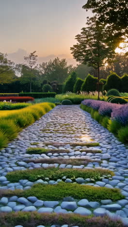 a walkway with a stone path and a row of purple flowers. the walkway is surrounded by a lush green lawn and a large house