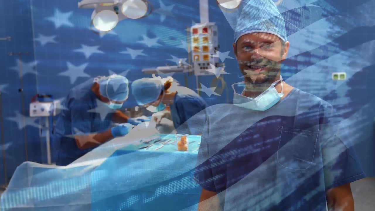 수술실 에서 외과 의사 들 위 에 흔들리는 미국 국기 의 애니메이션
