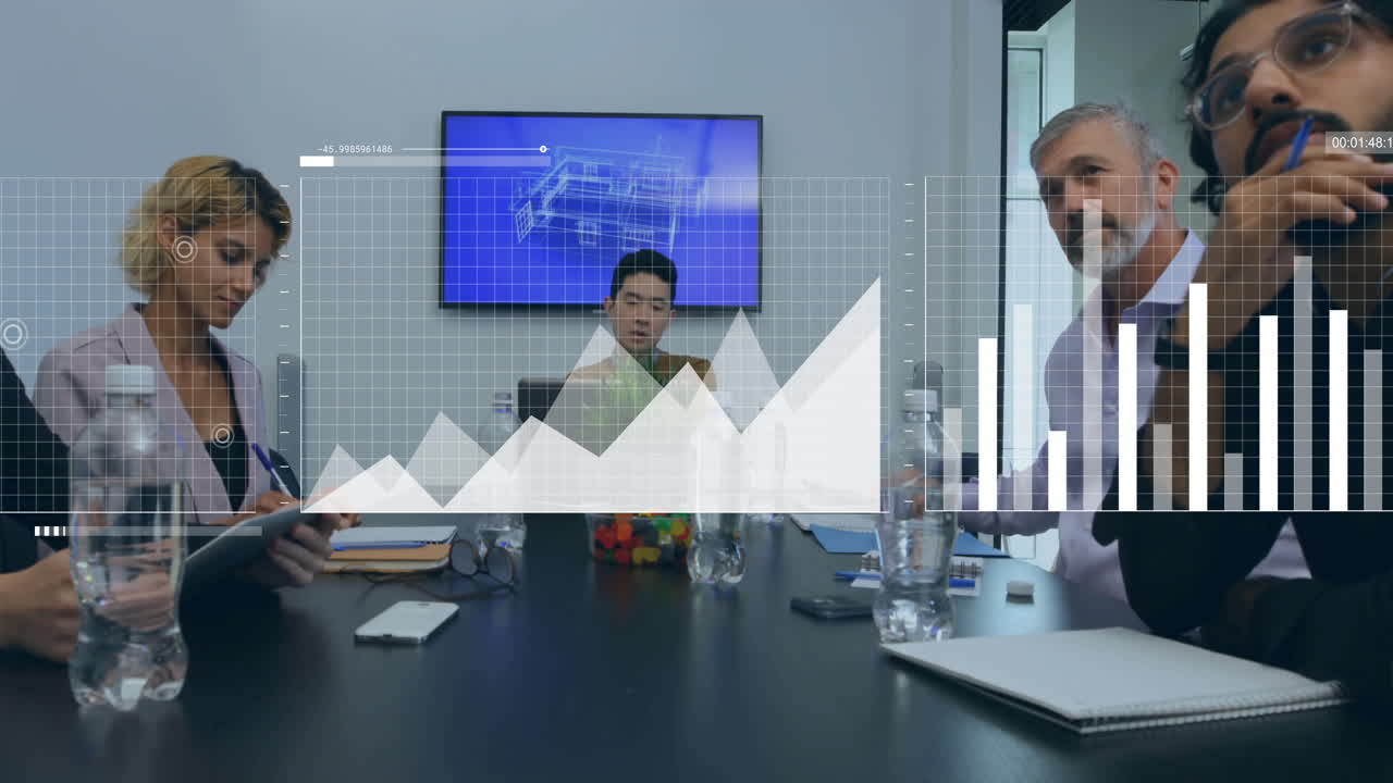 Animation of data processing over diverse business people in office