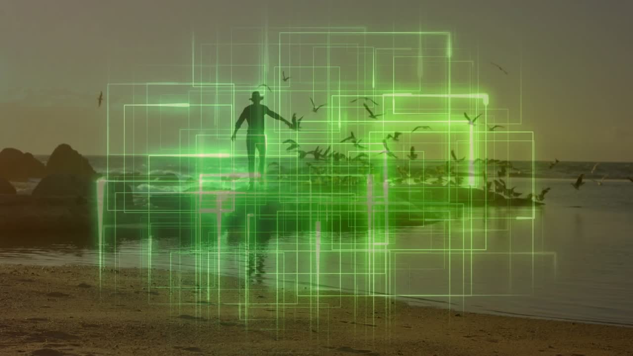 Man tossing bird feed into water at sunset drawing seagulls with neon grid overlay visualizing data