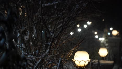 nevando en el patio de la casa con luces en la noche de invierno congelada, fondo frío y oscuro