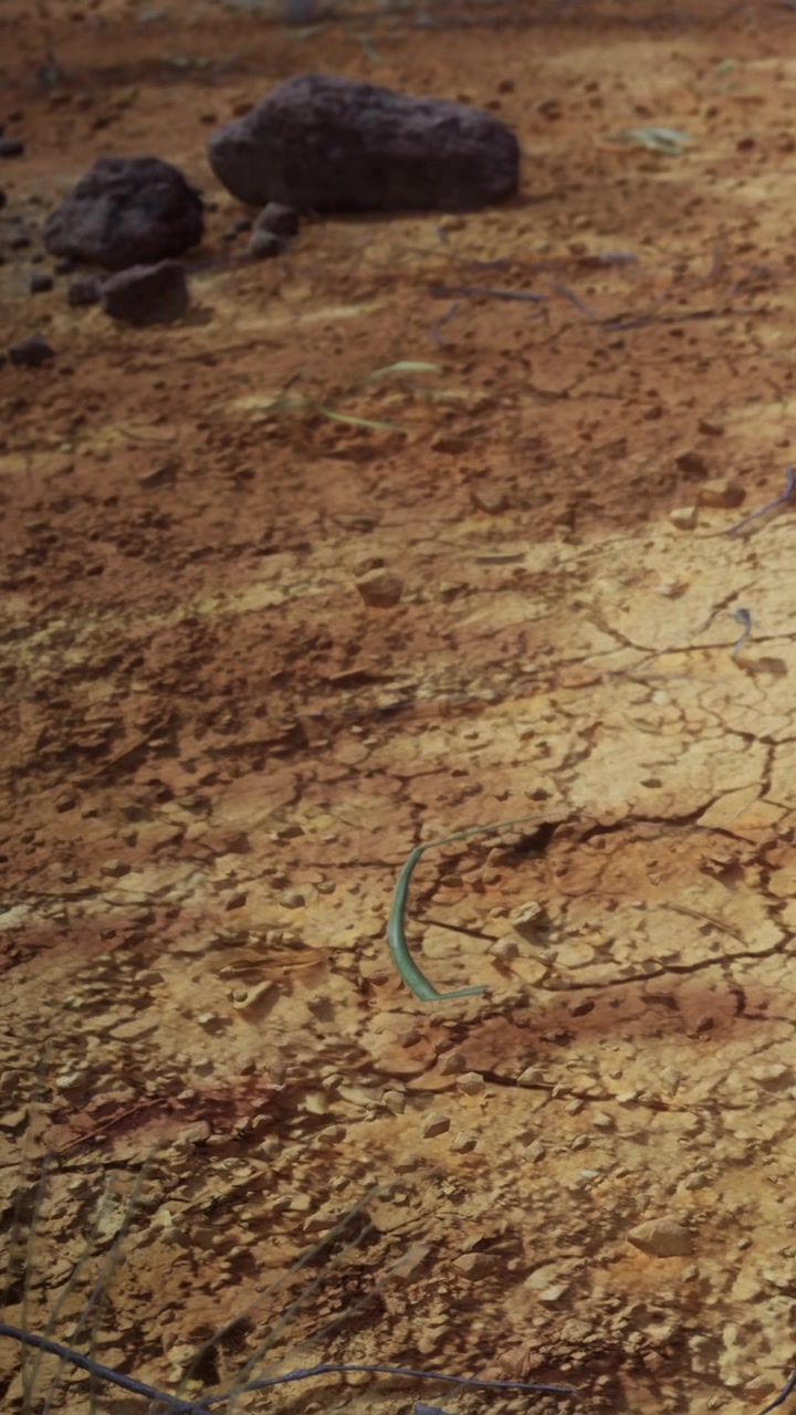 Un serpente striscia lungo la terra arida in un ambiente desertico durante le ore diurne.