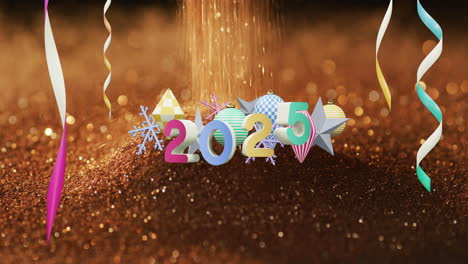 animation of 2025 text and christmas decorations in background