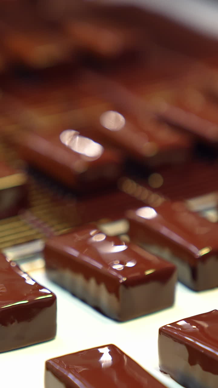 Mouth-watering sweets come from the grid to the conveyor line. Ready-made candies covered with black chocolate. Delicious desserts manufacturing close-up. Vertical video