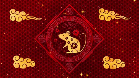 lunar new year, spring festival background with golden rat, red silk pattern. chinese new year red paper backdrop for holiday event. 3d rendering animation. seamless loop 4k