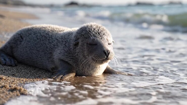 A Playful Seal Pup Enjoying a Sunny Day on the Beach, Captured in Two Heartwarming Moments from Awake to Relaxed on the Shoreline.