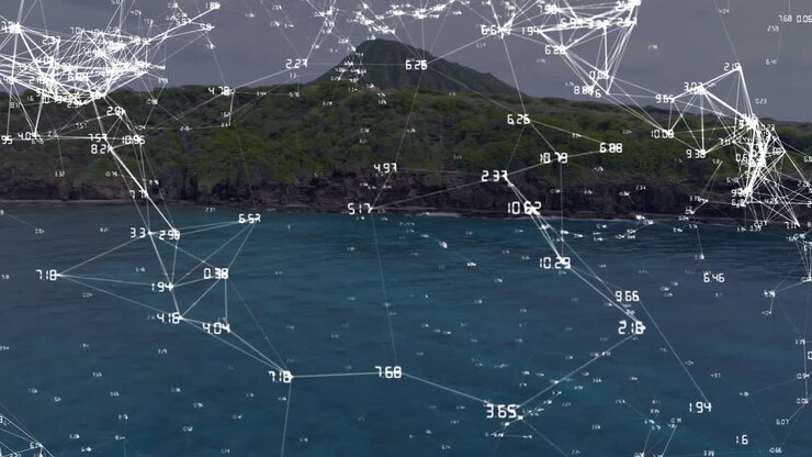 Animazione di rete di connessioni e punti dati su paesaggio oceanico e insulare