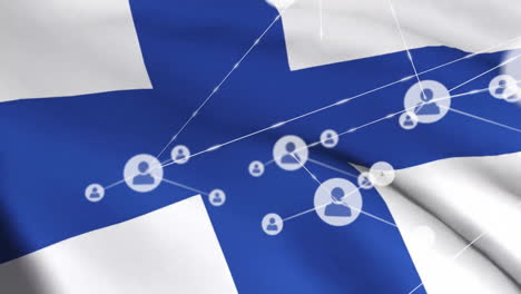 animation of network of connections with people icons over flag of finland