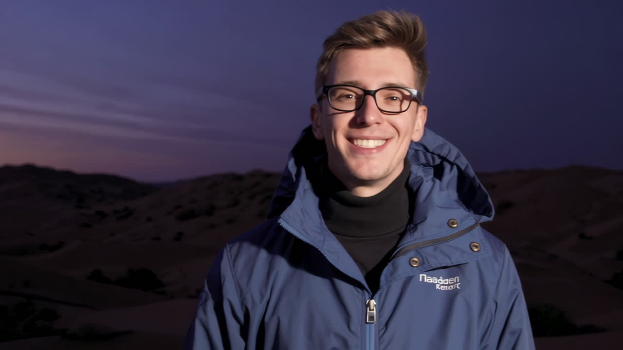 Mann i jakke i et ørkenlandskap ved solnedgang
