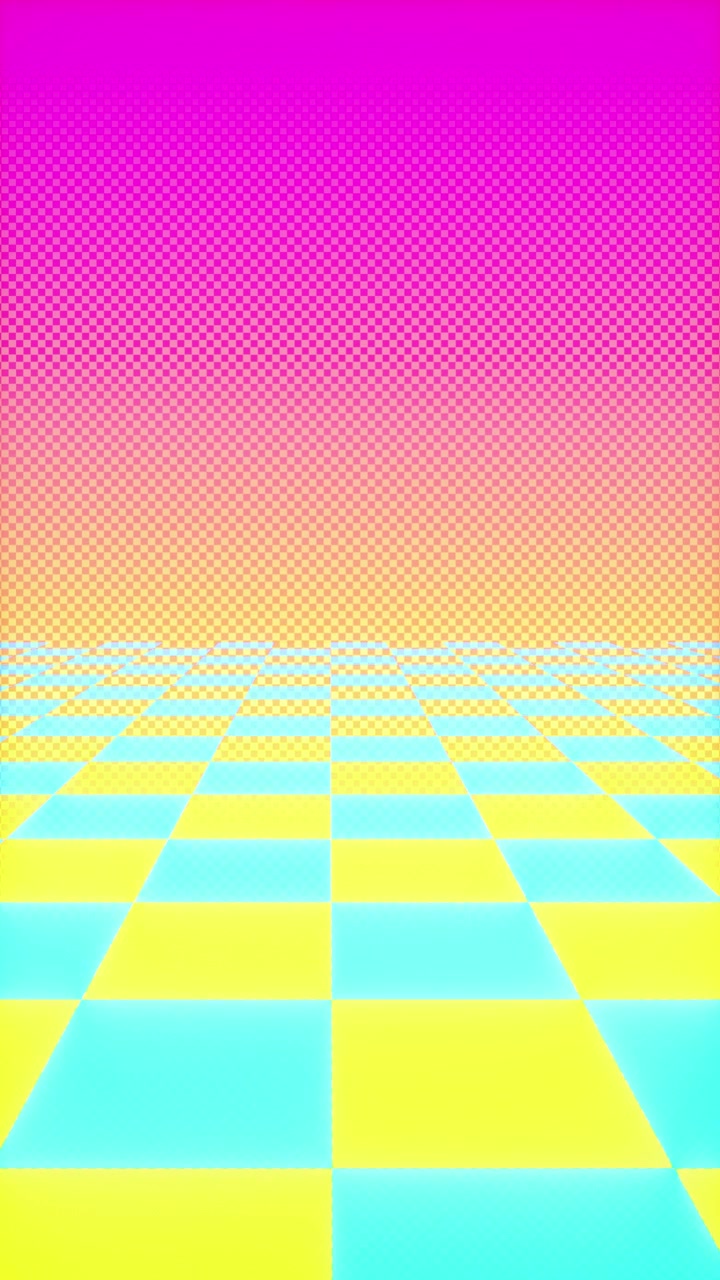 Animazione a scacchiera vaporwave verticale 9x16, cielo rosa magenta con griglia verde acqua e gialla, loop mobile