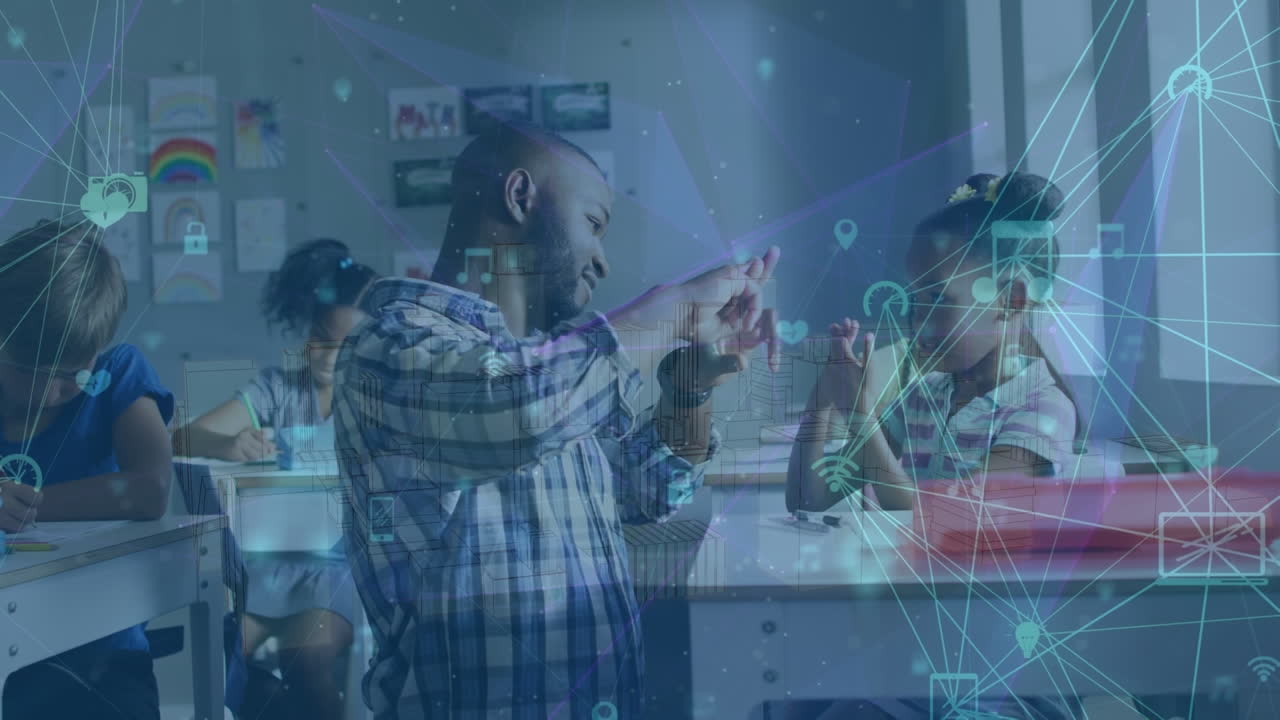 Animation of network of connections over diverse group of students in classroom