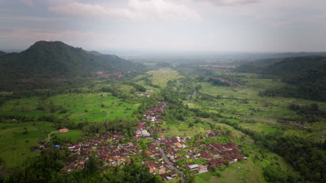 La-Aldea-De-Los-Acompañantes-Emerge-Del-Suelo-Del-Valle-De-La-Selva-En-Bali,-Establecimiento-Aéreo