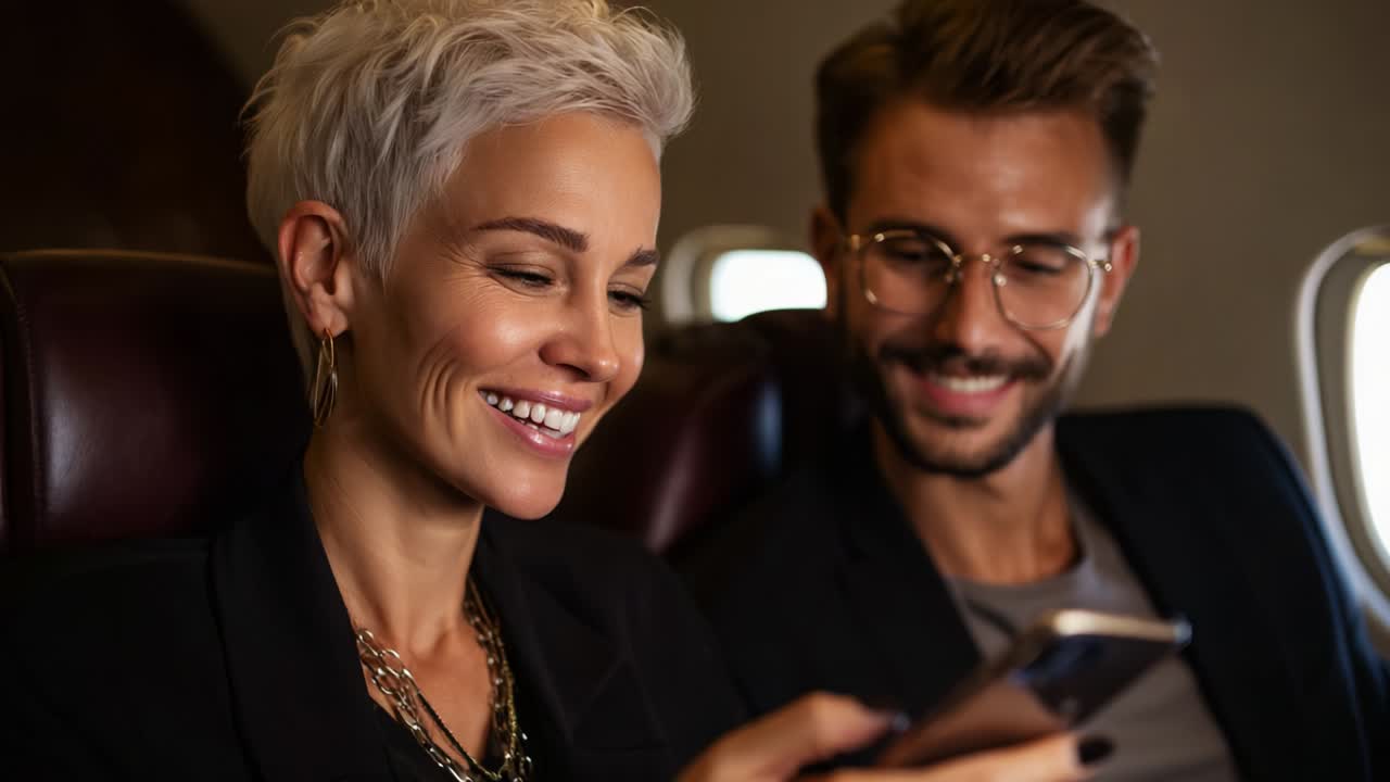 A couple enjoys their flight experience, sharing smiles and laughter together as they engage with their smartphone, creating memorable moments aboard the airplane during their travel journey
