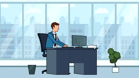 flat cartoon businessman character working on computer in office workplace animation