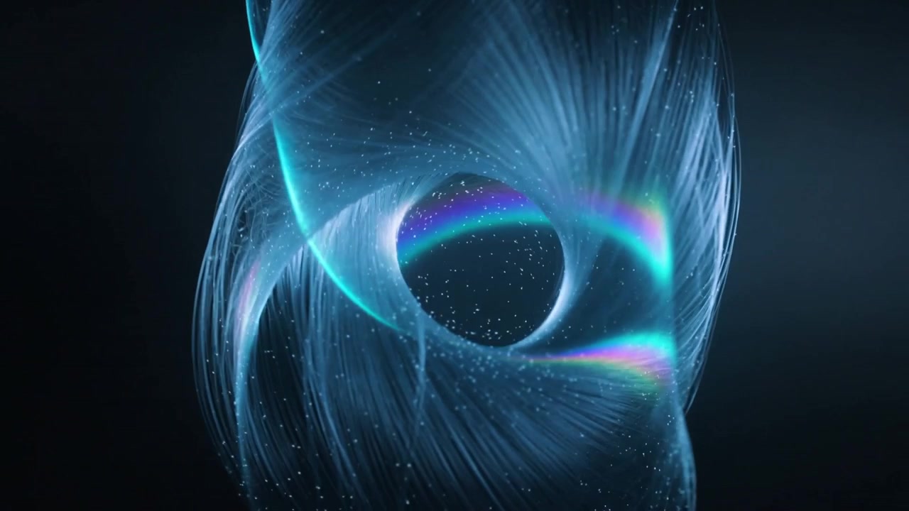 Iridescent band moving sheer ribbon twisting and forming central hole drawing specks into dark void