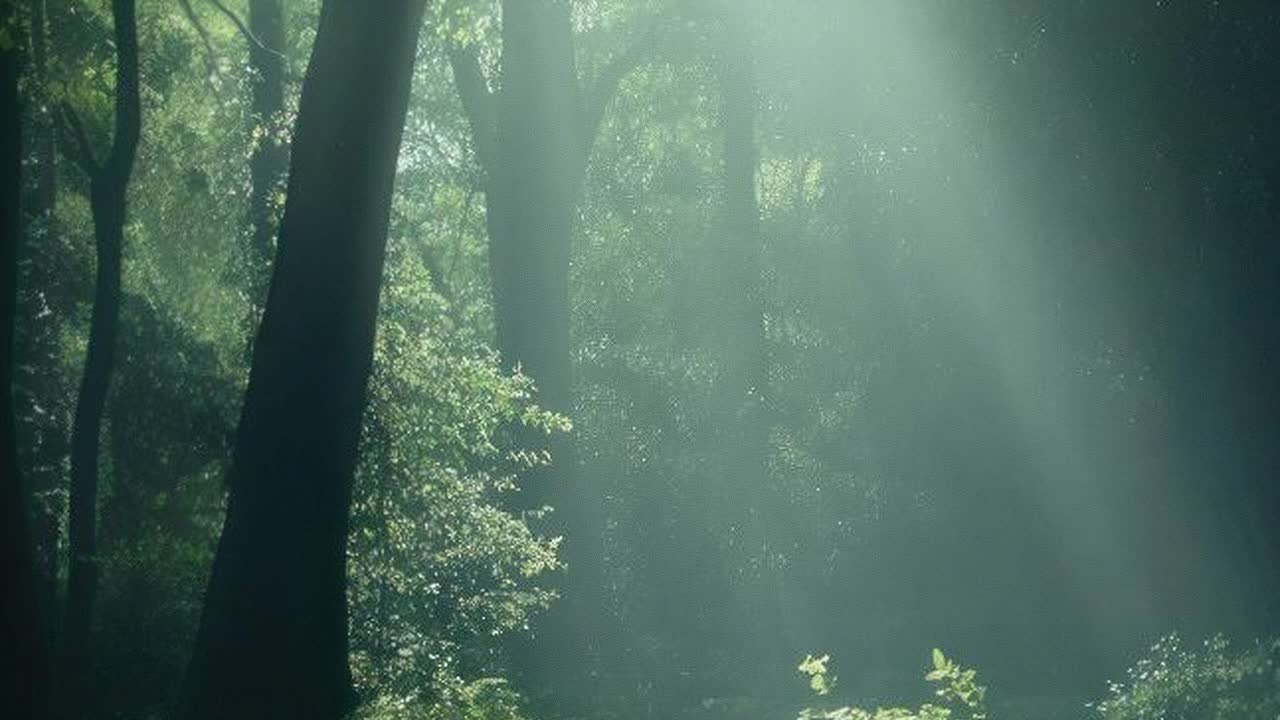 A serene forest scene with sunlight streaming through trees, captured from a low angle