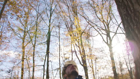 Under-an-Autumn-Sky,-tree-surgeon-looking-high-to-the-tops-of-trunks