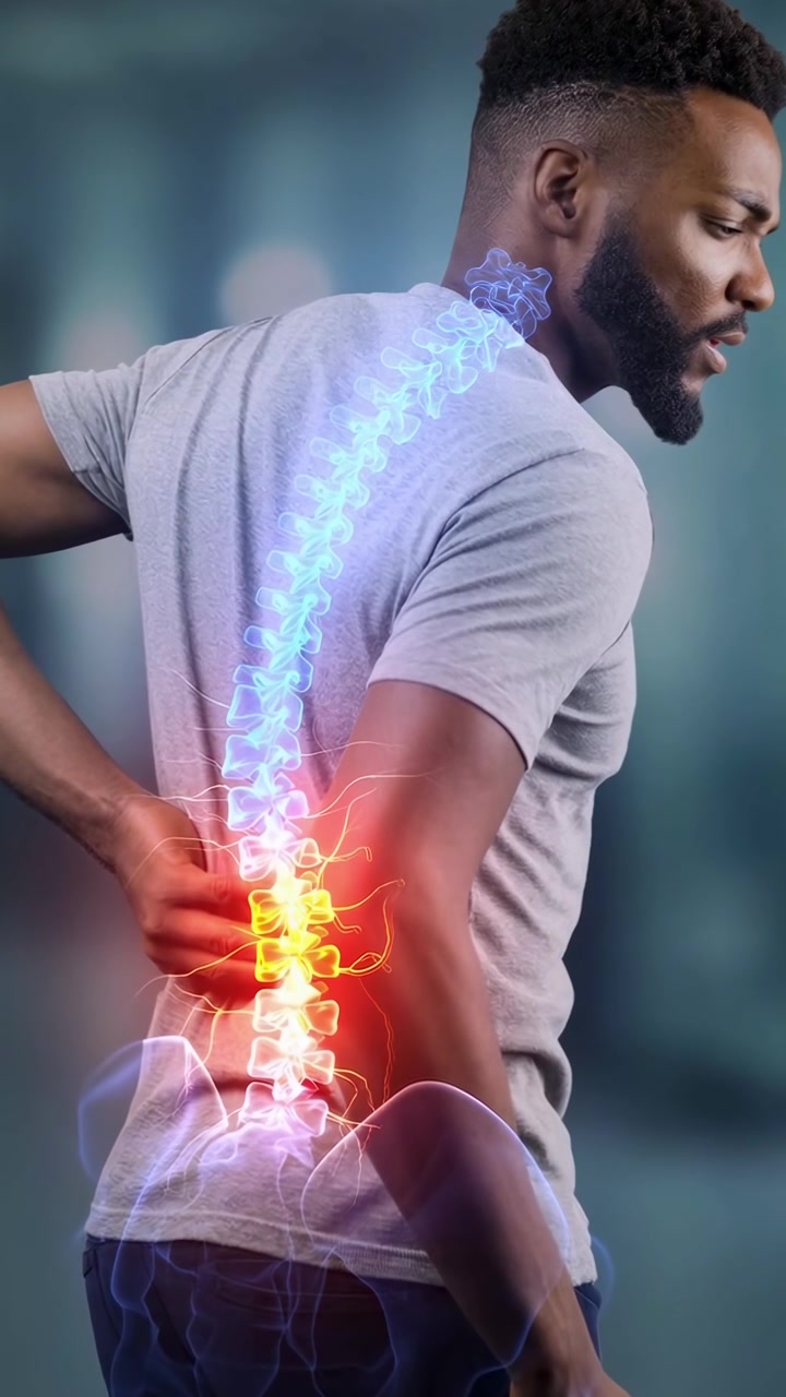 Man with Back Pain and Animated Spine Showing Discomfort and Relief