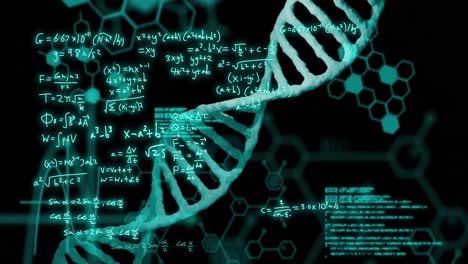 Animation-of-dna-strand-and-scientific-data-processing-over-black-background