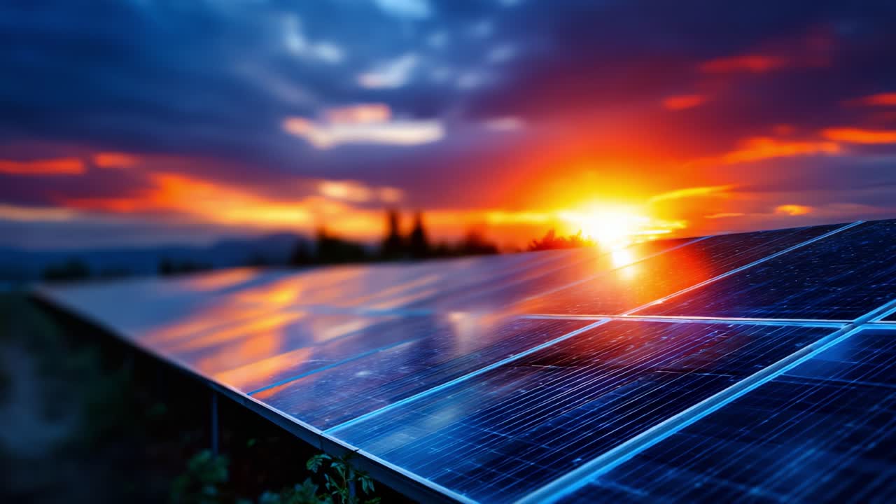 Un tramonto mozzafiato illumina i pannelli solari in un paesaggio sereno, evidenziando la bellezza della tecnologia delle energie rinnovabili e la sua integrazione con la natura.