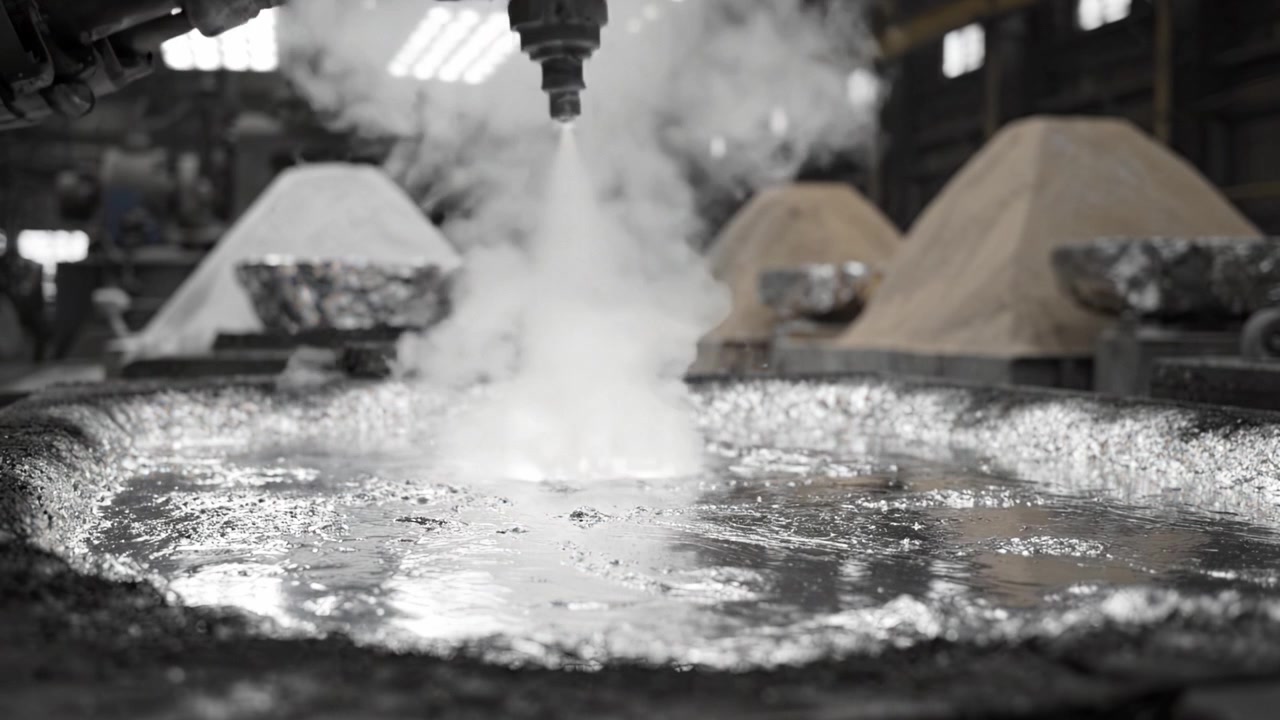 In un'affollata struttura industriale, il materiale fuso viene versato in stampi, mettendo in mostra i complessi processi e l'artigianato della lavorazione dei metalli in un ambiente di produzione.