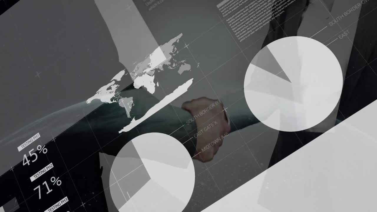 Animazione di grafici e dati su mani che si stringono