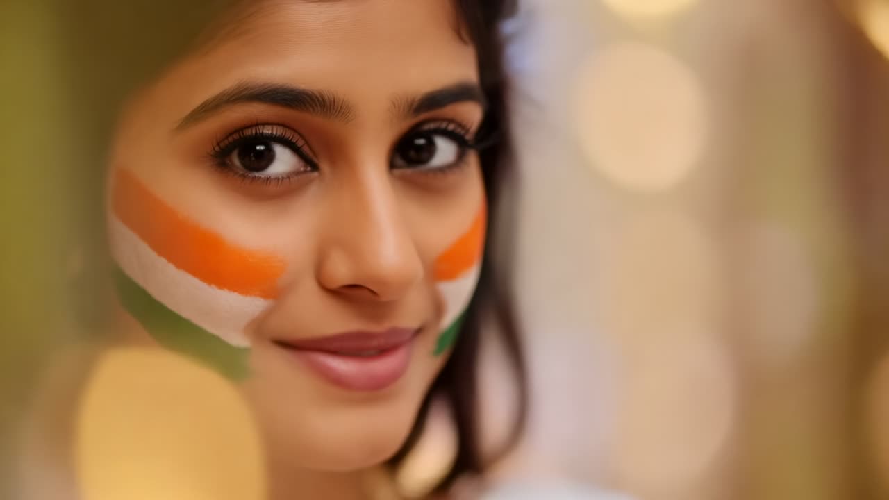 Smiling Indian woman reacting to camera, showing tricolor paint, celebrating pride amid warm bokeh