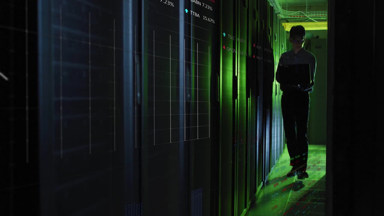 animación del procesamiento de datos sobre el ingeniero de ti asiático por servidores informáticos