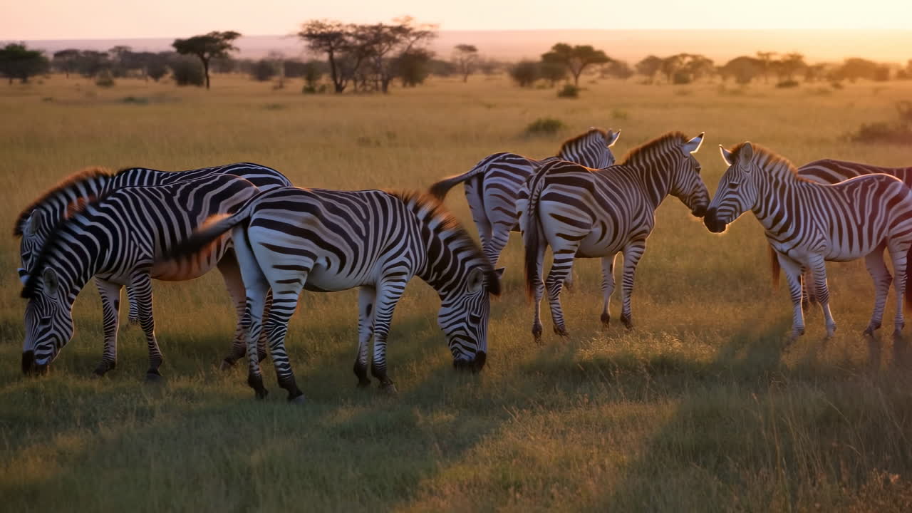 Herd of Zebras Grazing in Golden Light on African Savanna at Sunset