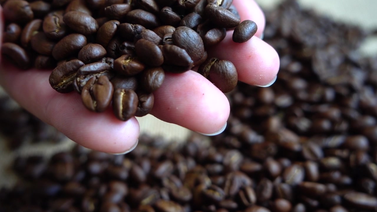 Chicchi di caffè sul sacco. Rallentatore.