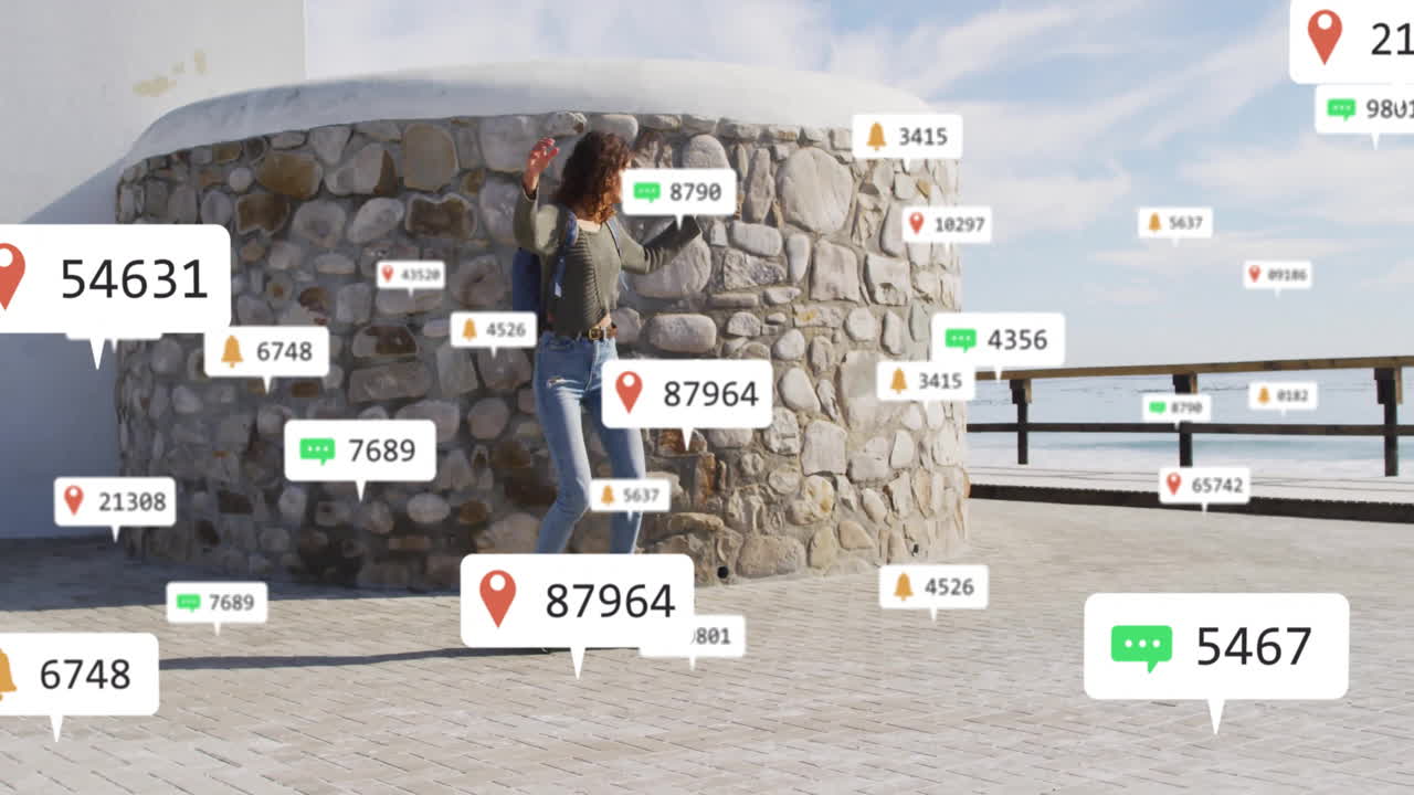 woman interacting with social media notification bubbles on waterfront, showcasing AR marketing