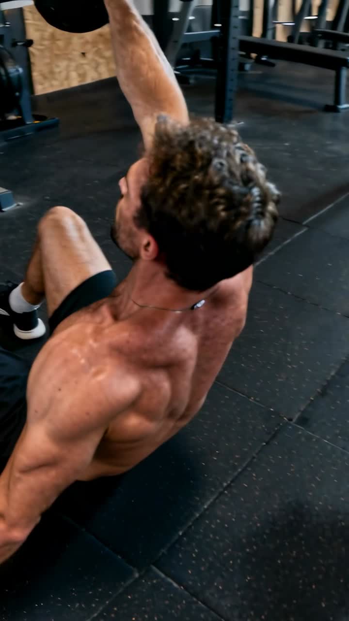Video verticale: Uomo a torso nudo che si solleva, tenendo un kettlebell sopra la testa, in palestra per allenarsi.