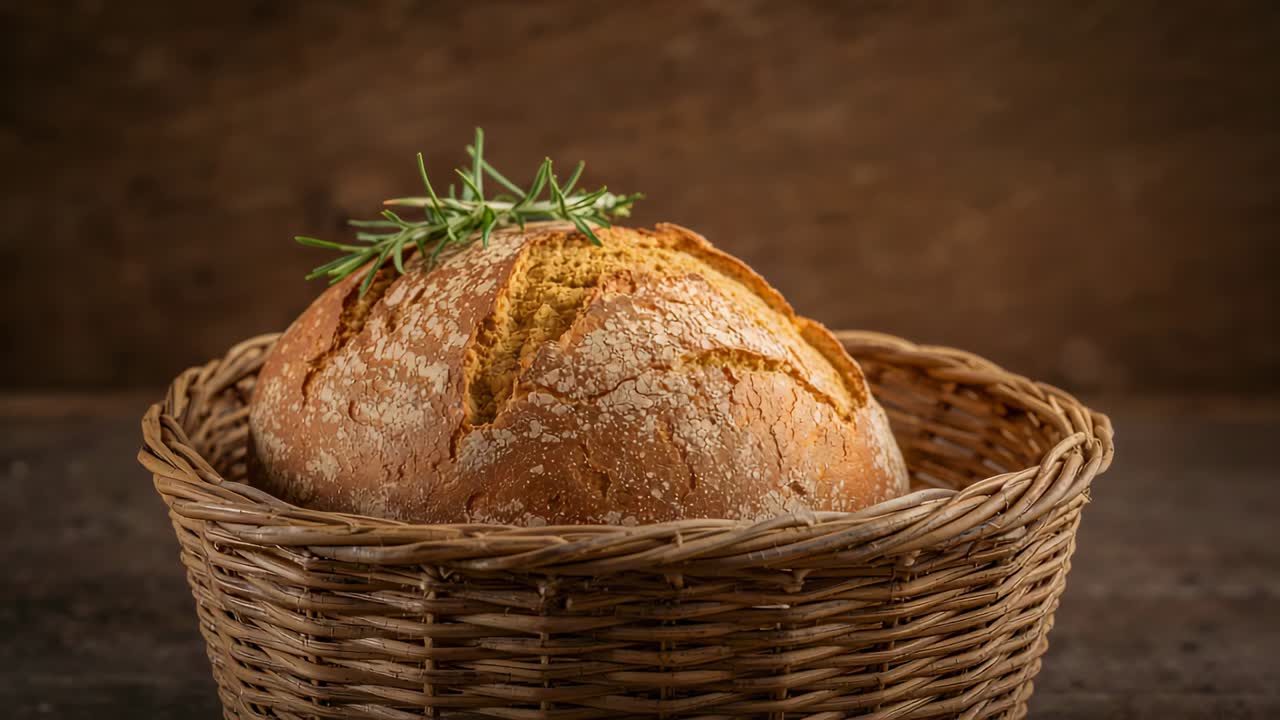 Zooming camera pulling round artisan loaf in basket closer on studio table, showing crust, rosemary
