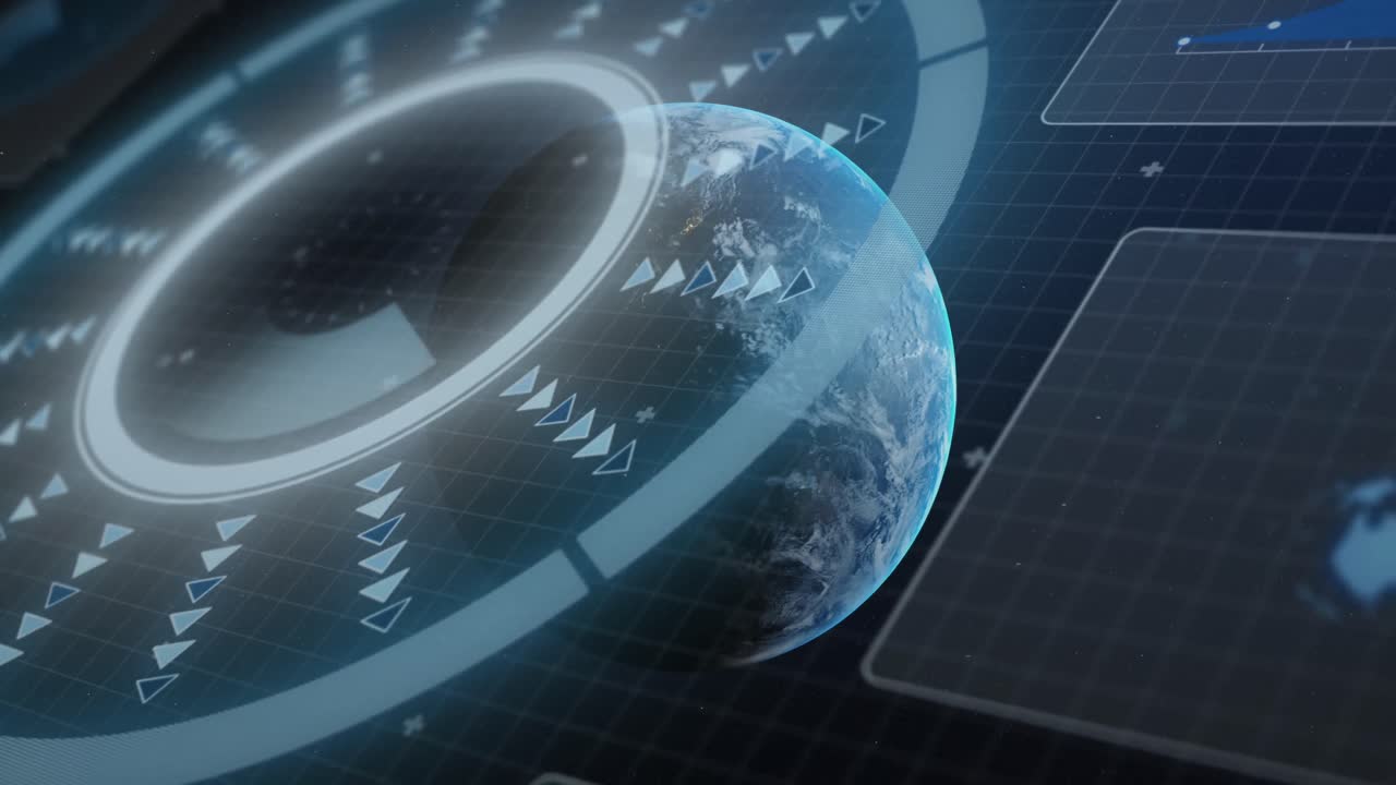 animación de visores escaneando sobre la cuadrícula azul con el planeta tierra