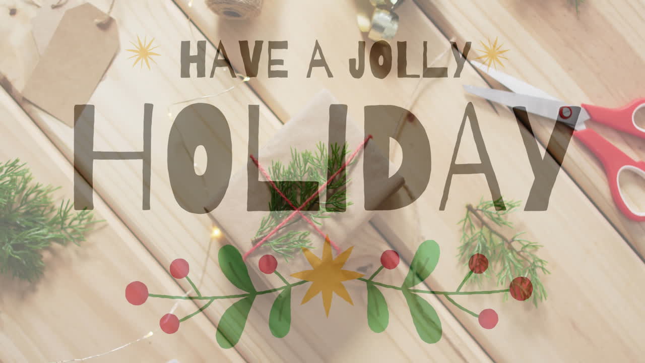Have jolly holiday text animation over Christmas gift wrapping with festive decorations