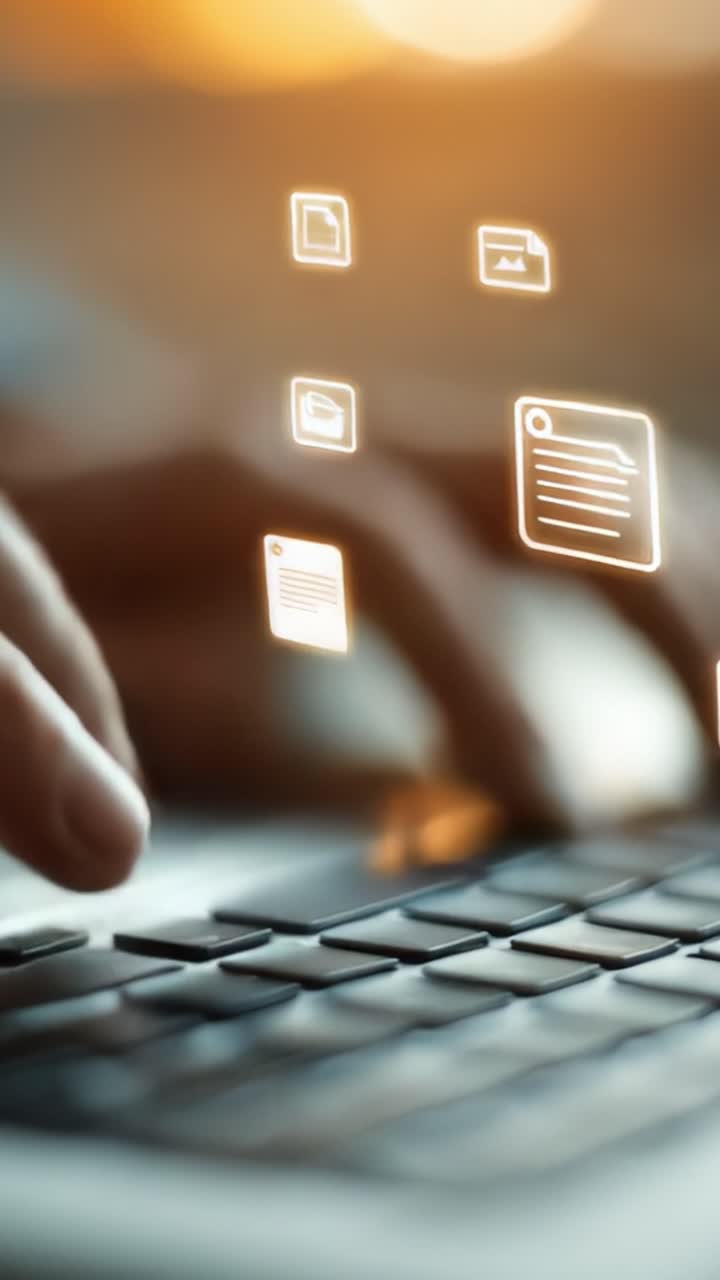 Primo piano di una mano che digita su una tastiera di laptop con icone di documenti digitali che fluttuano sopra, a simboleggiare l'inserimento di dati e la gestione dei file in un ambiente di lavoro moderno.