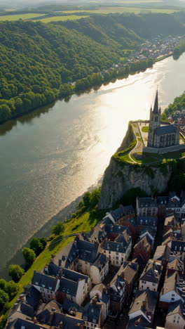 aerial view of a french town along a river with a church on a cliffside