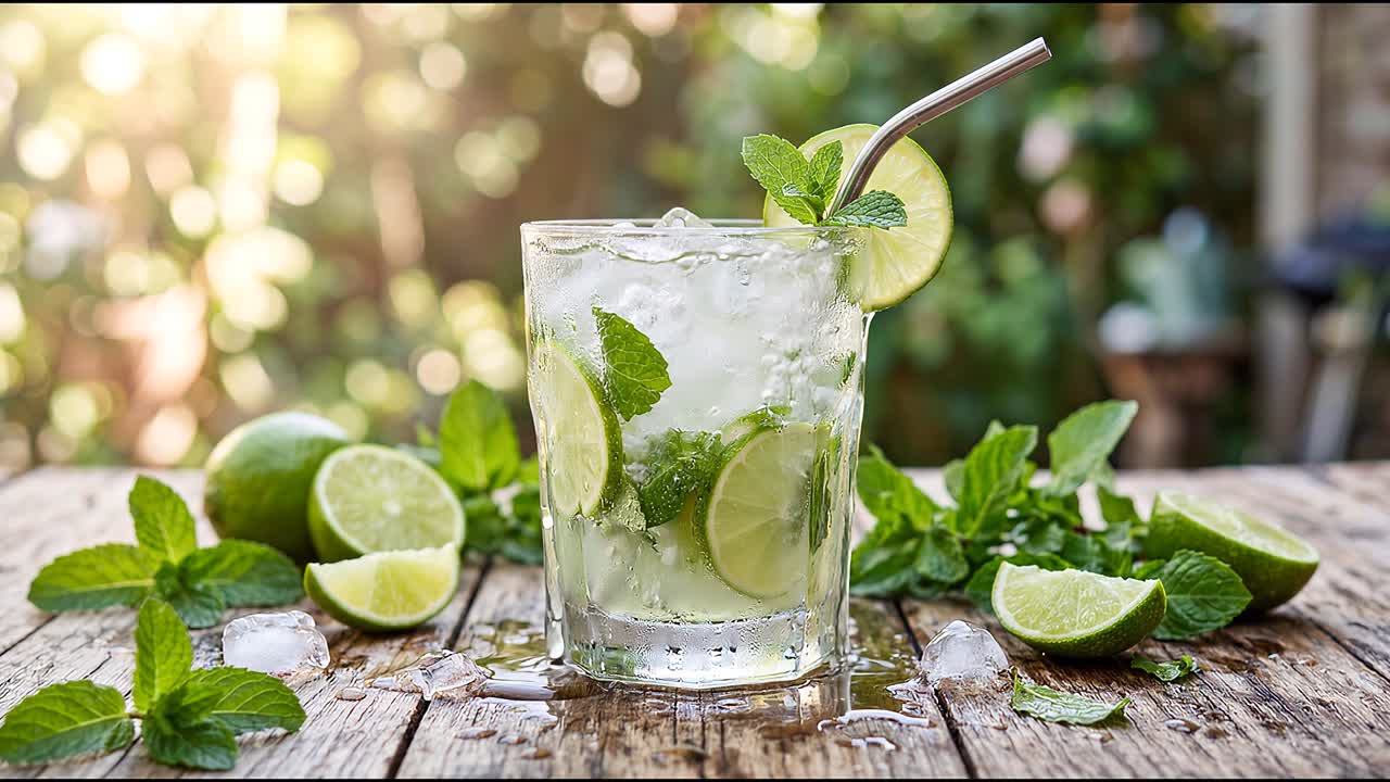 Raikas lime-minttucocktail jääpaloilla puupöydällä, jota ympäröivät sitrushedelmäviipaleet ja vihreät lehdet.