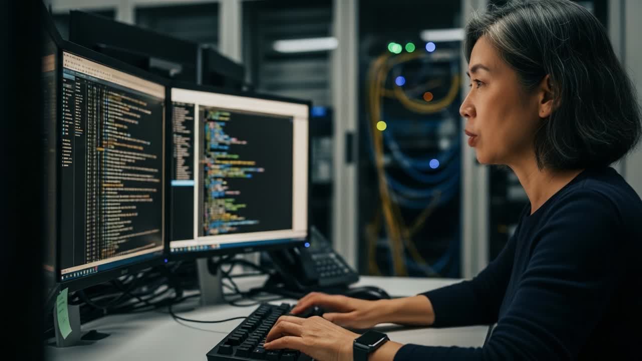 A focused software developer diligently working on coding tasks at her workstation, surrounded by dual monitors displaying various programming languages and lines of code, embodying modern technology and innovation