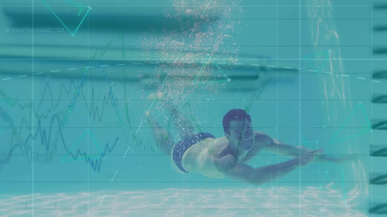 Man Swimming Underwater with Digital Financial Data Overlay