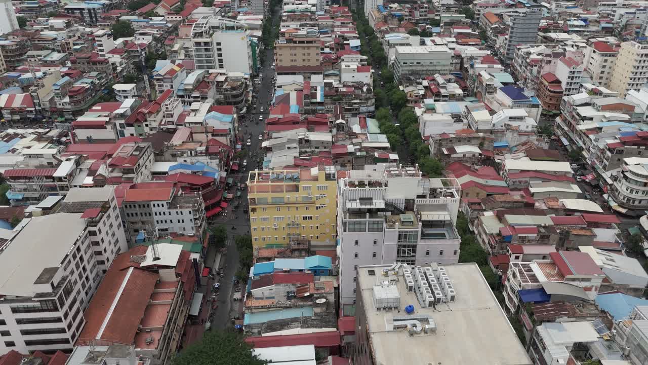 Aerial footage in Phnom Penh city center, Cambodia