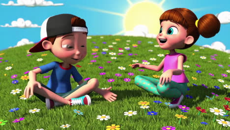 happy animated children playing in a sunny flower field