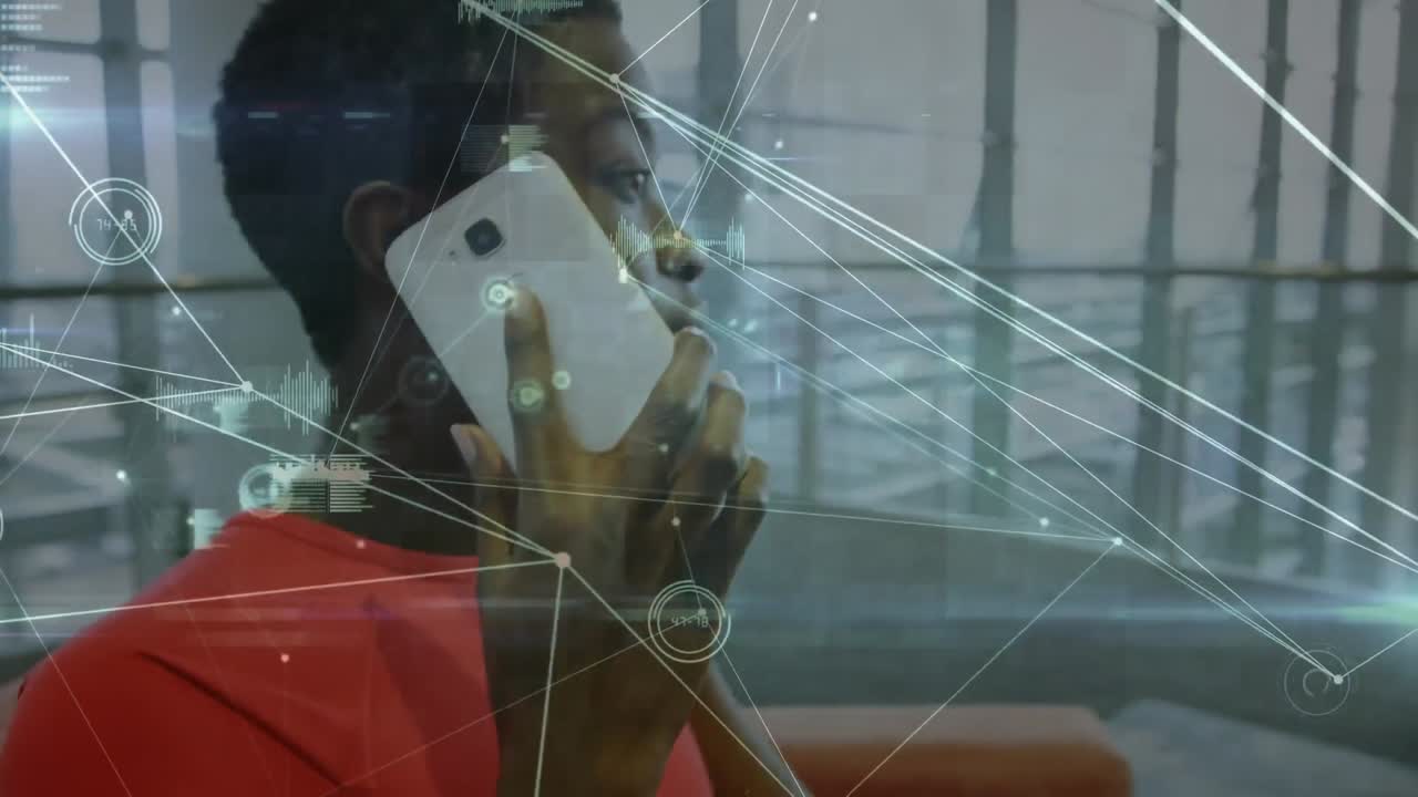 Animation of network of connection over businesswoman in the office