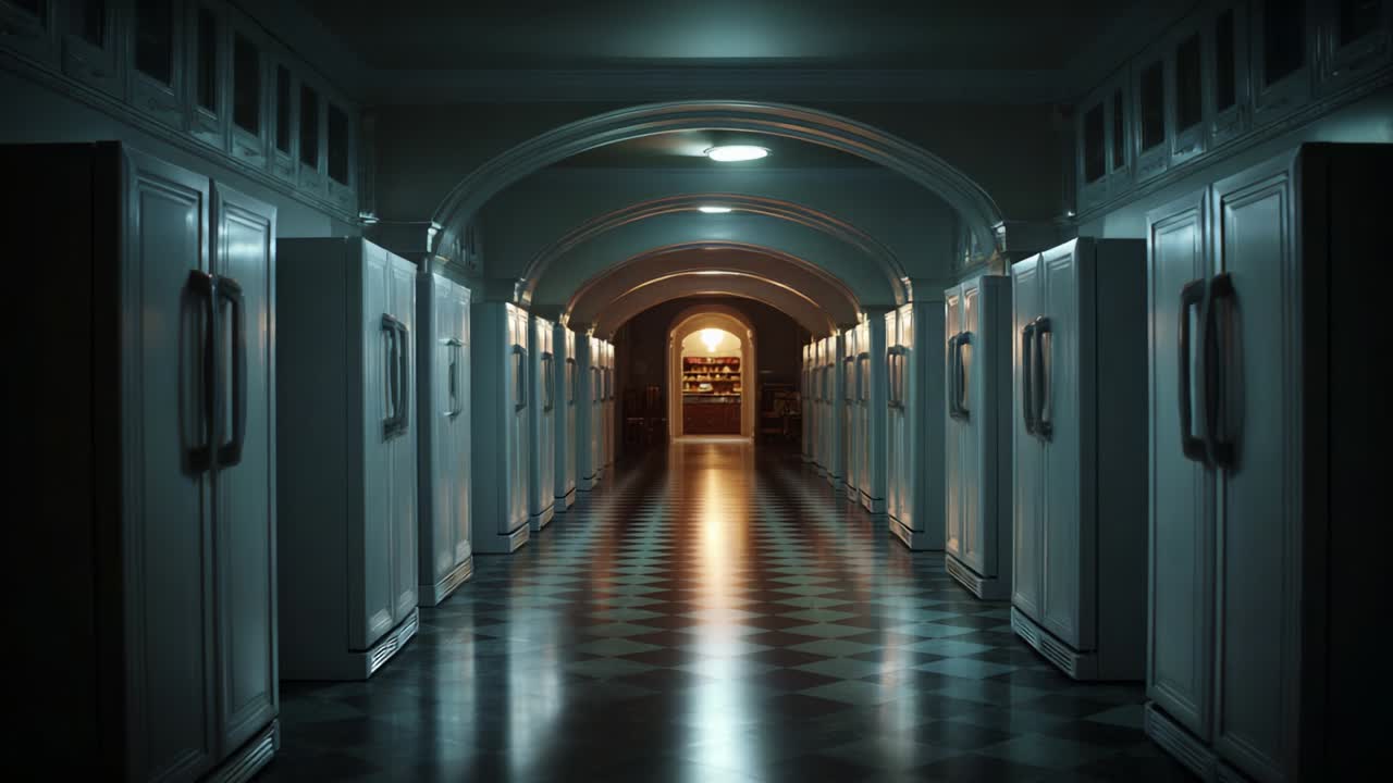 A Mysterious Hallway Filled with Rows of White Refrigerators, Cast in Dim Light, Leading to a Glowing Archway at the Far End, Evoking Intrigue and Intrigue within an Abandoned Space